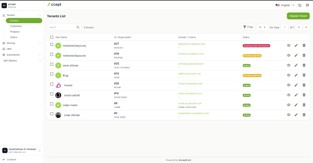 AcceptCart platform admin showing the tenants list with status, domain, and register actions.